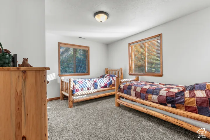 Neutral-toned carpeting, two windows with wooden trim, and a flush-mount ceiling light fixture