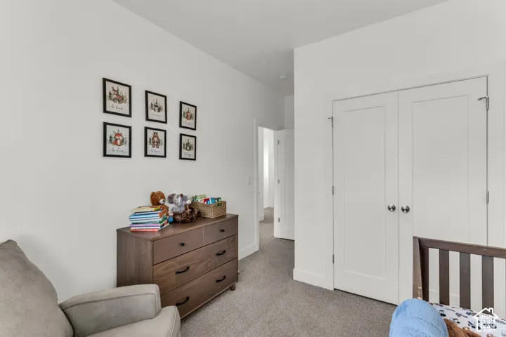 Neutral-toned interior space featuring carpeting, white walls, and a double-door closet with shaker-style panels and satin-finish hardware