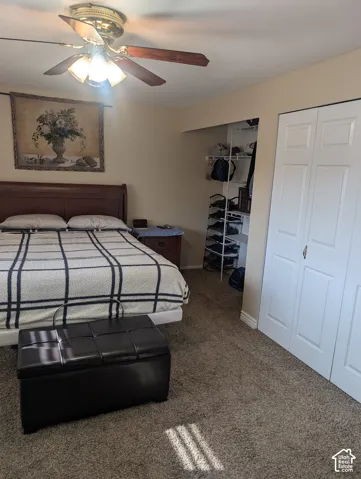 Neutral-toned bedroom featuring carpeting, a ceiling fan with integrated lighting, a built-in closet with organization shelving, and white bi-fold closet doors