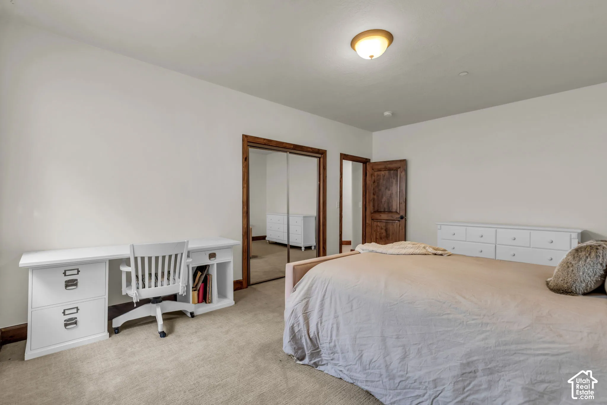 Neutral wall finishes, carpeted flooring, and a flush mount ceiling light fixture