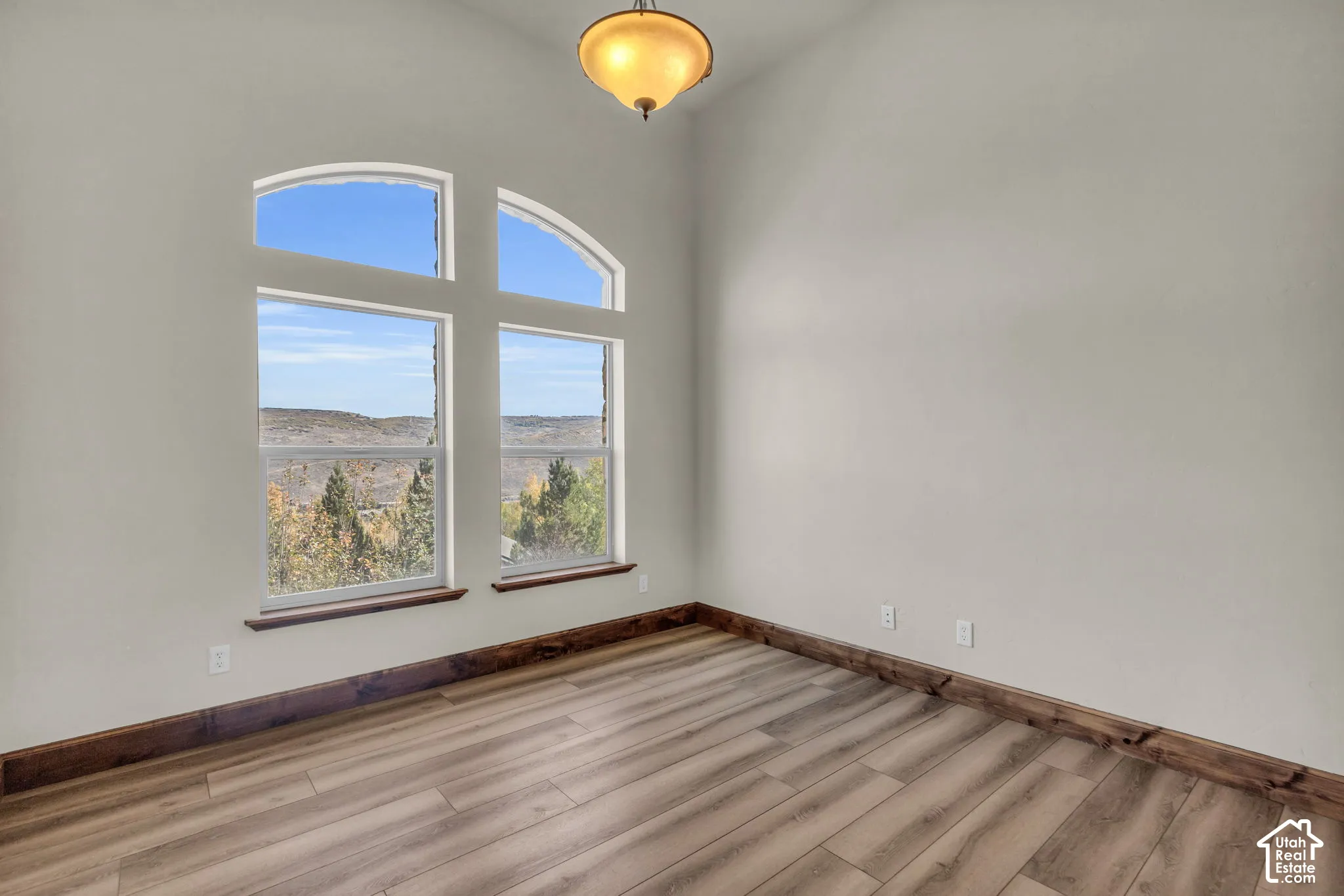 Arched transom windows, wood-finish flooring, and a semi-flush mount ceiling light fixture