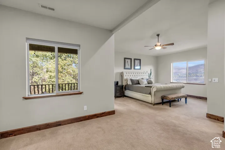 Plush carpet flooring complements pale wall finishes and natural wood trim