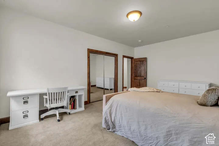 Neutral wall finishes, carpeted flooring, and a flush mount ceiling light fixture