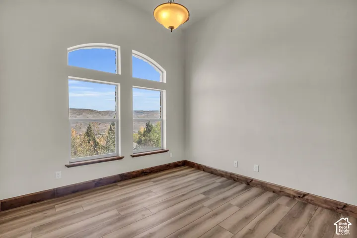 Arched transom windows, wood-finish flooring, and a semi-flush mount ceiling light fixture