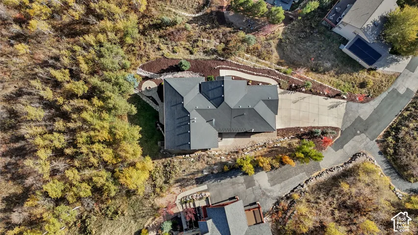 Property with a multi-level roof design, extensive surrounding trees, a paved driveway, and established landscaping