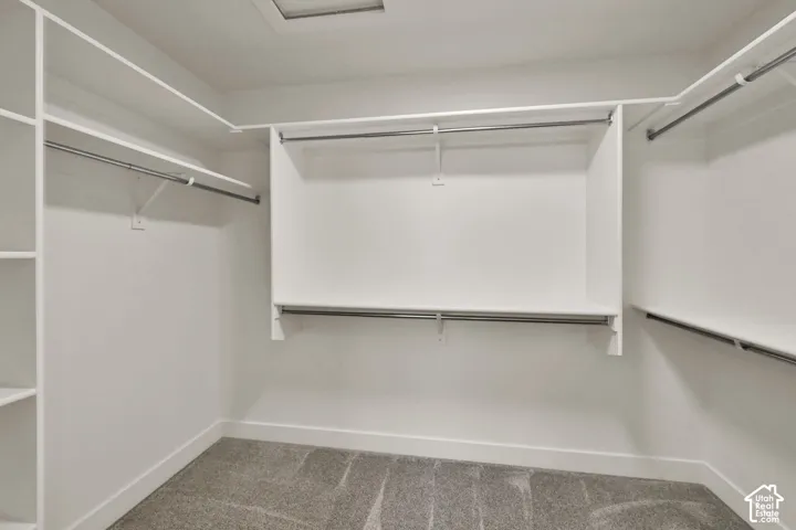 Walk-in closet featuring white custom shelving, tiered hanging rods, integrated storage cubbies, and carpeted flooring
