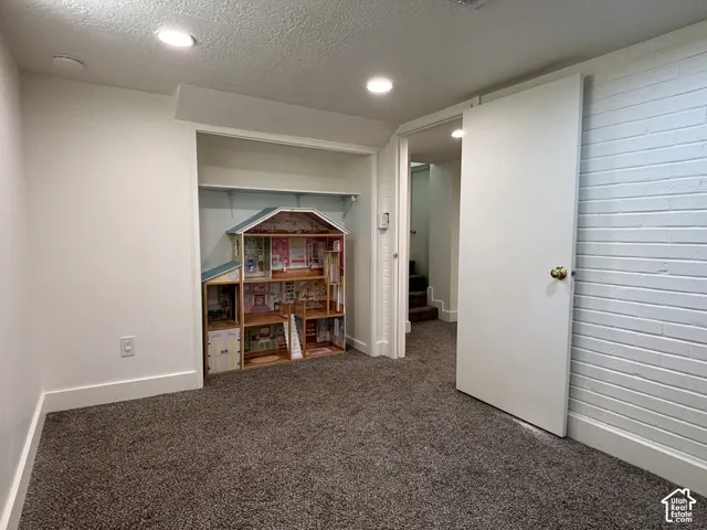 Recessed ceiling lighting, textured wall, carpeted flooring, built-in shelving, solid core door