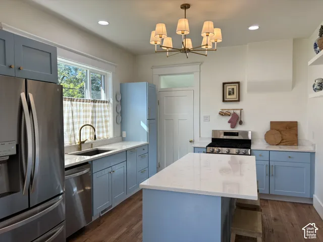 Kitchen featuring light blue cabinetry, stainless steel appliances, white countertops, a central island, and wood-finish flooring