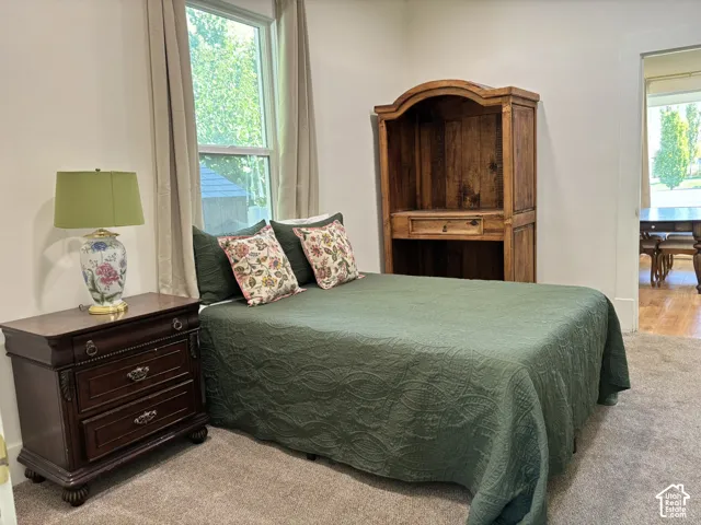 Carpeted flooring, single window with drapes, and an open entryway