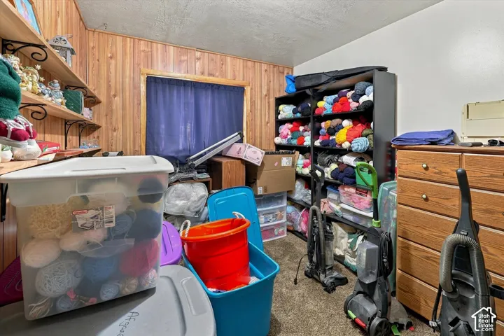 Room featuring wood-paneled walls, built-in shelving with decorative metal brackets, and carpeting