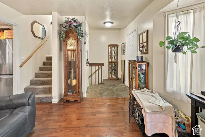 Entryway featuring wood-finish flooring, carpeted stairs with a wooden handrail, and natural stone tile flooring at the landing
