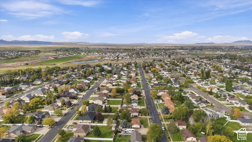 Aerial perspective featuring a suburban residential layout, established deciduous trees, paved street infrastructure, and distant mountain backdrops