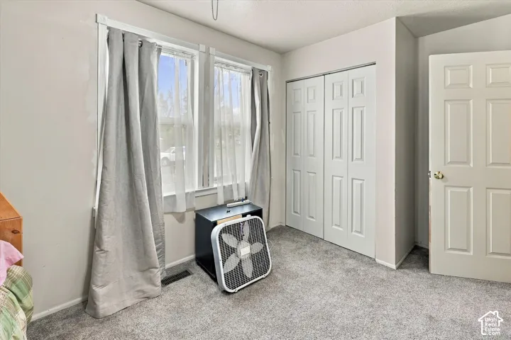 Neutral wall tones, carpeting, dual-pane windows with trim casing, six-panel interior closet doors, and six-panel solid-core interior door