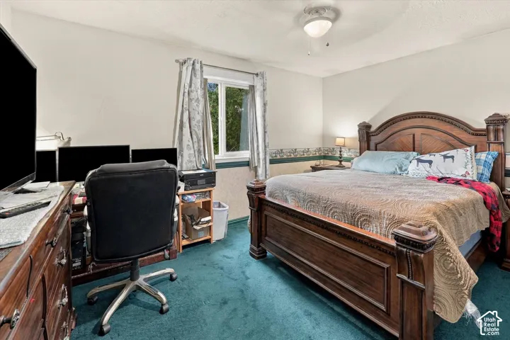 Room featuring wall-to-wall carpeting, decorative chair rail molding, and a dual-shade ceiling fan with a light fixture