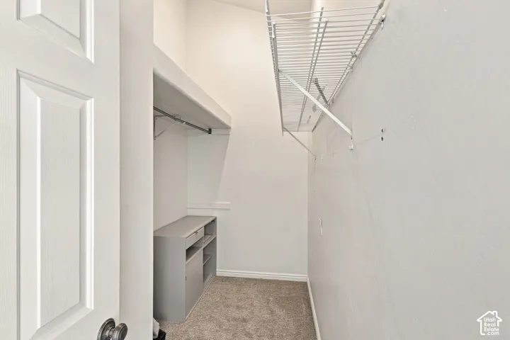 Storage area featuring neutral carpeting, a wall-mounted wire shelving system, a built-in hanging rod, and integrated cabinetry