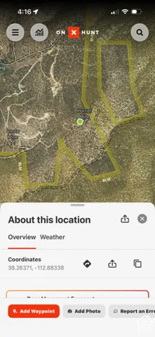 Geospatial Mapping Interface. Displaying topographical boundaries and location coordinates for the property