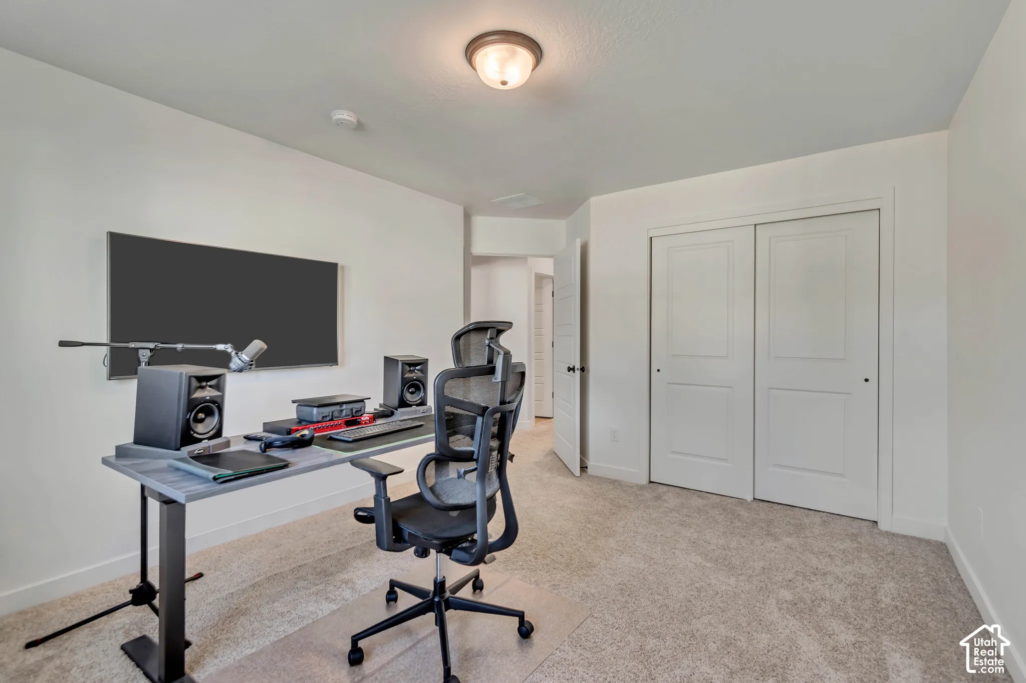 Light-colored wall-to-wall carpeting, white walls, and a ceiling-mounted light fixture