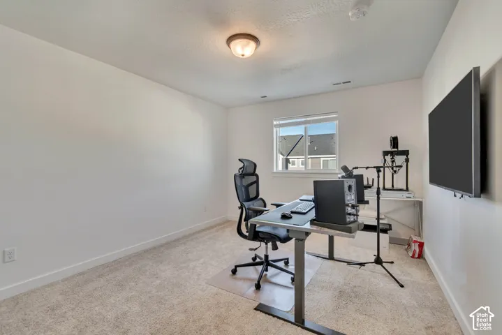 Carpeted room with a single window and flush mount ceiling light fixture
