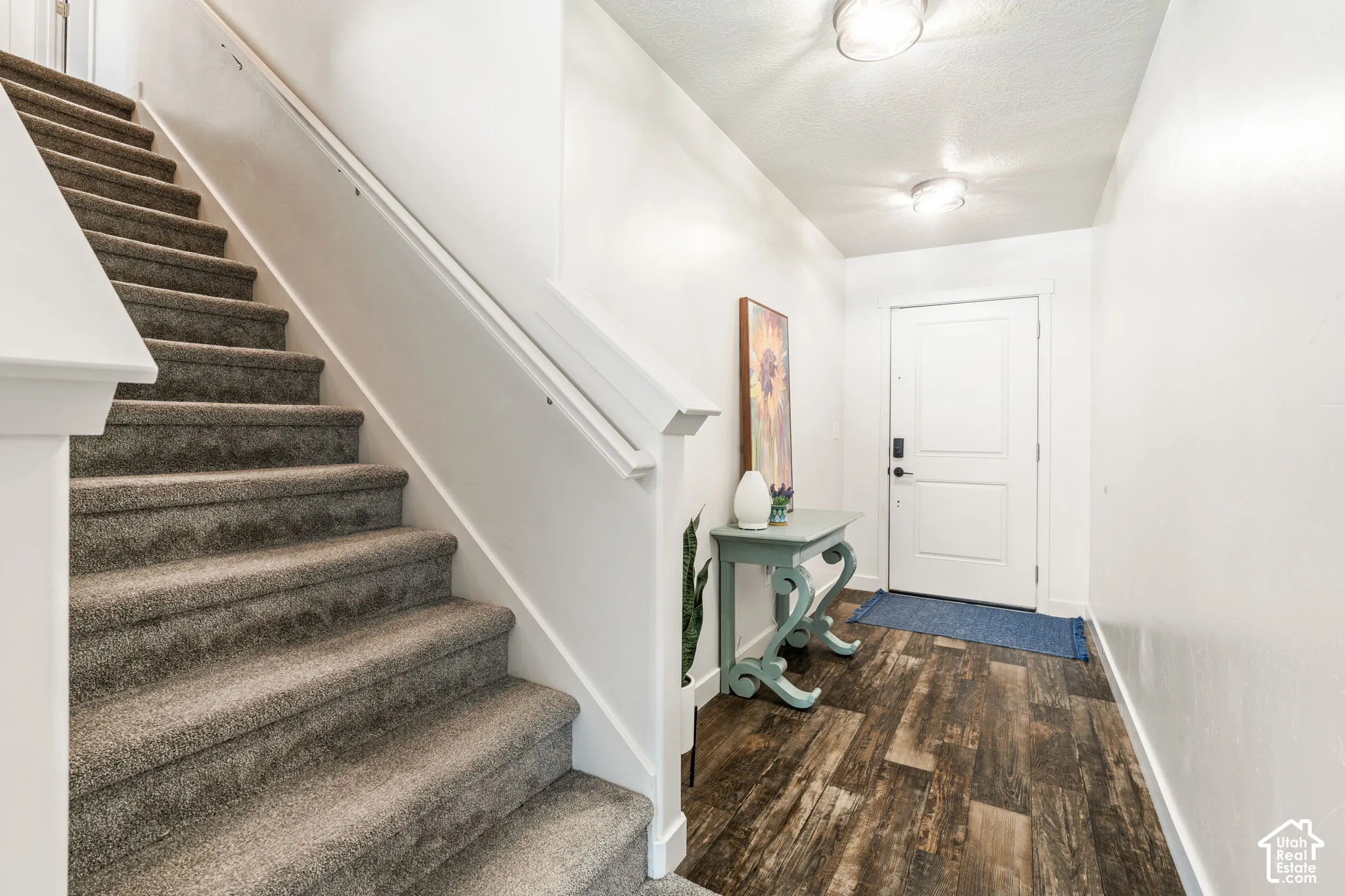 Entryway featuring wood-finish flooring, a white paneled front door, two flush-mount ceiling fixtures, and a staircase with grey carpeting and a painted white handrail