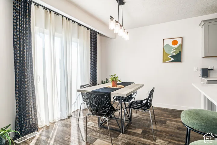 Sliding glass doors featuring floor-to-ceiling glass, wood-finish flooring, and a multi-pendant light fixture with clear glass shades