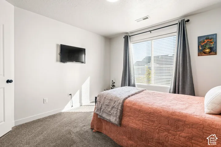 Neutral-toned interior featuring carpeting, a single-panel interior door with a matte black knob, and a window with horizontal blinds