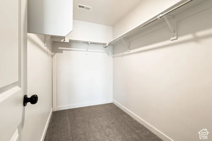 Bedroom 3 walk-in storage closet featuring wall-to-wall carpeting and built-in shelving with integrated rods