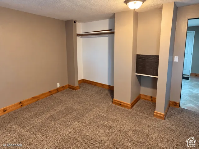 Carpeted interior featuring neutral wall tones, a built-in closet with shelving, a recessed alcove, and natural-finish wood trim