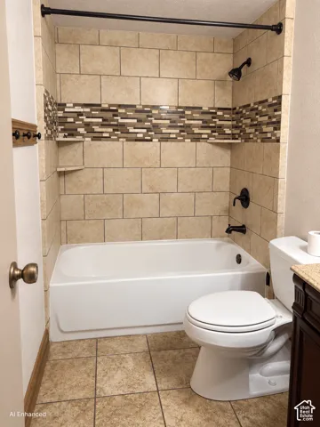 Full bathtub enclosure featuring floor-to-ceiling tile surround with decorative glass accent inlay, integrated corner shelving, matte black fixtures, and tile flooring