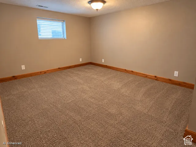 Room featuring neutral wall tones, textured carpeting, wooden trim, a single rectangular window with blinds, and a central dome-style ceiling light fixture