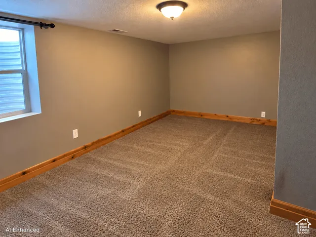 Neutral-toned interior space featuring carpeted flooring, wood trim, a flush-mount ceiling light fixture, and an egress window