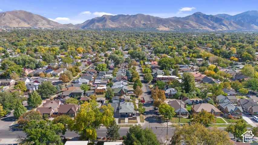 Aerial perspective featuring mature tree-lined streets and a prominent mountain backdrop