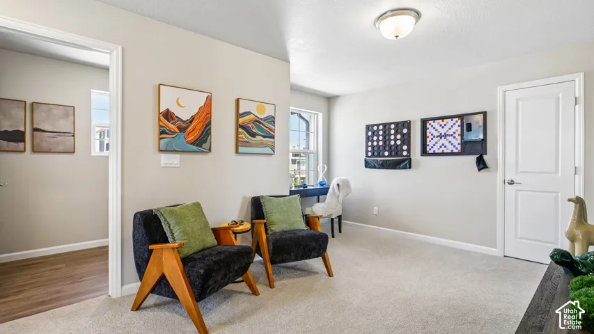 Neutral-toned interior space featuring neutral wall paint, plush carpeting, a single-pane window with a prominent arch, and a flush-mount ceiling light fixture
