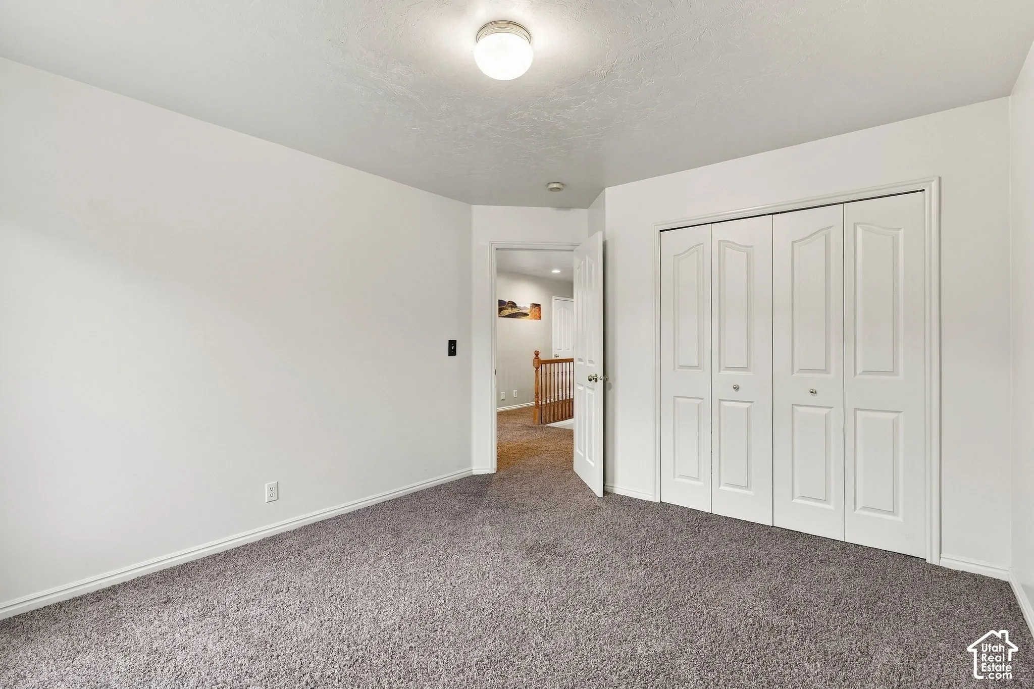 Room featuring neutral wall-to-wall carpeting, bi-fold closet doors, a central ceiling-mounted light fixture, and a solid-core interior door