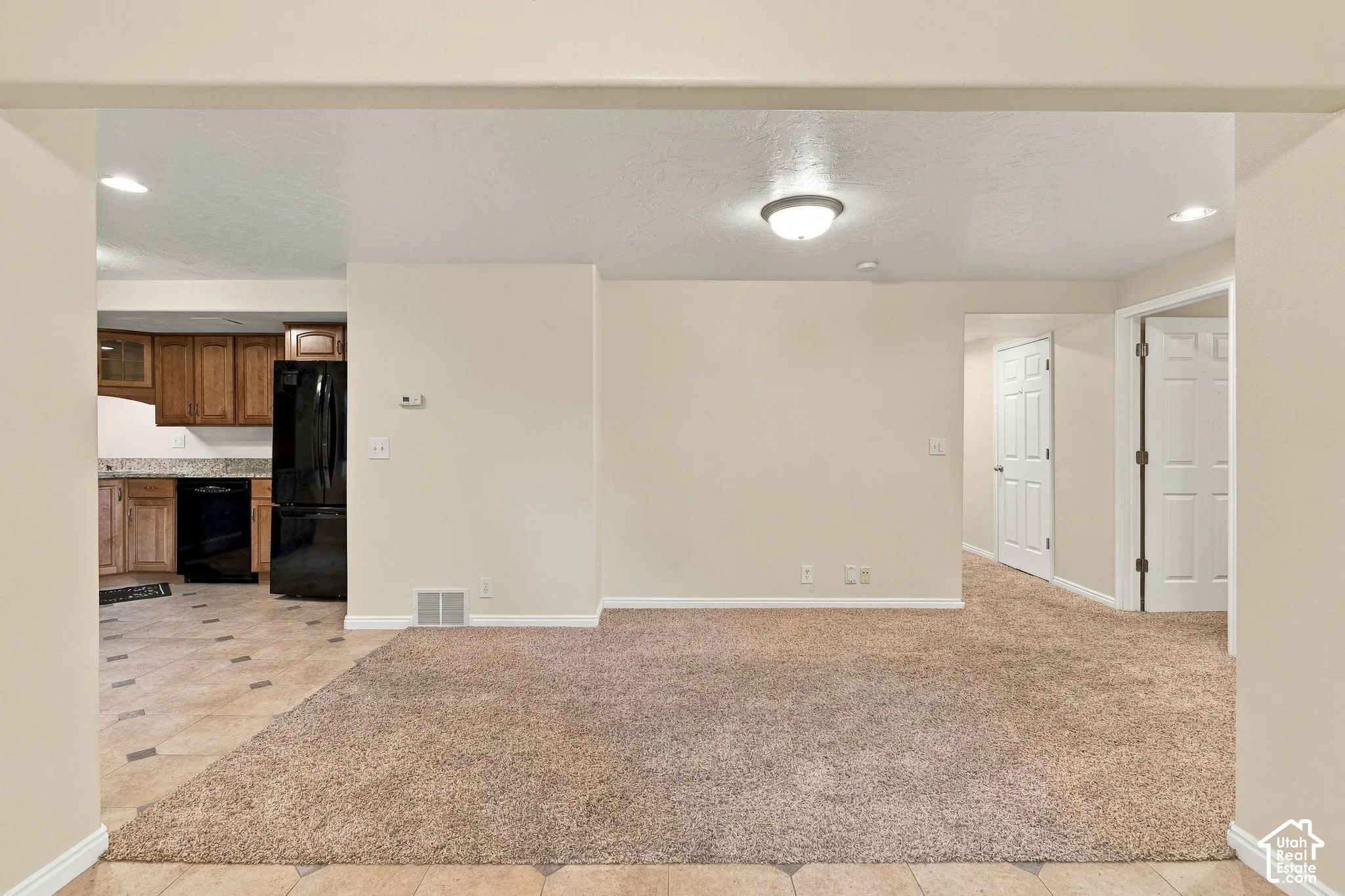 Neutral wall tones, carpeted flooring, tile flooring, wood-finish cabinetry, and interior paneled doors