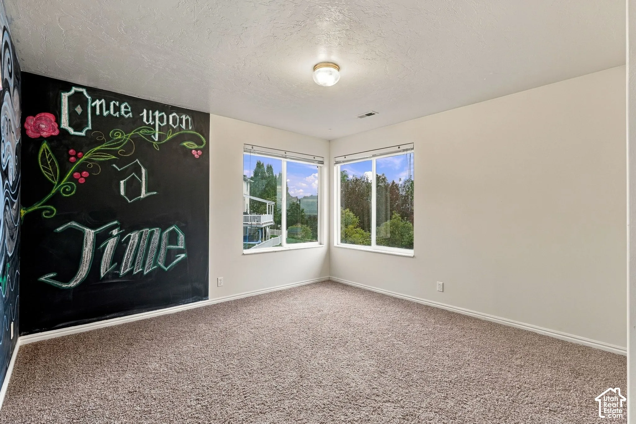 Room featuring neutral-toned carpeting, dual-aspect windows, and a dedicated chalkboard-painted wall