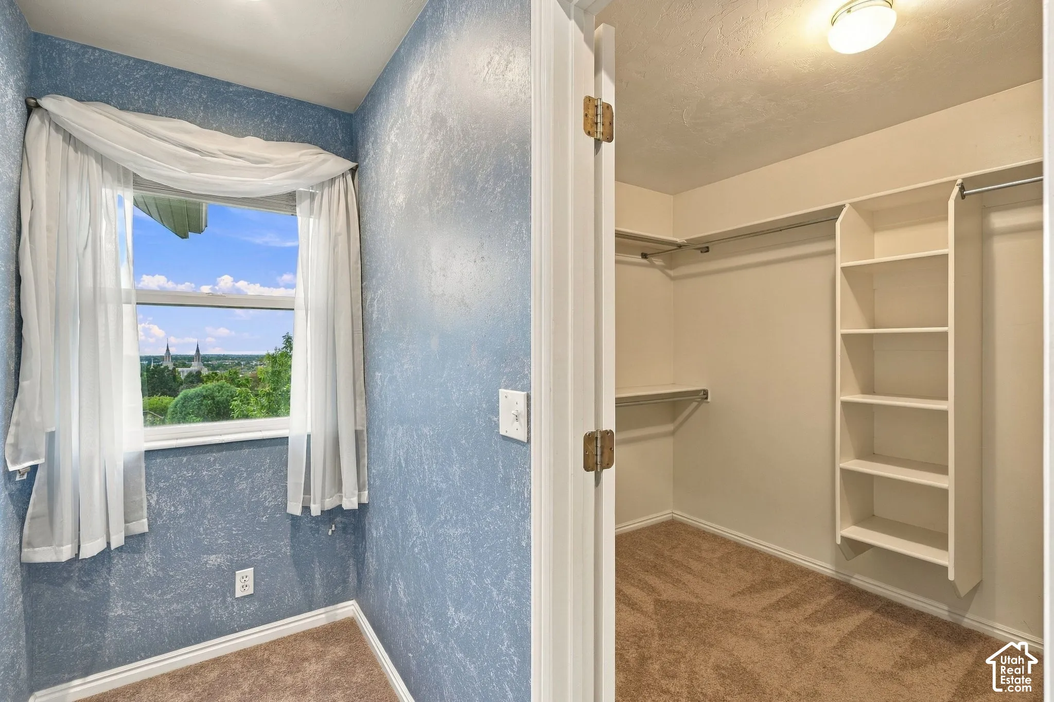 Walk-in closet featuring floor-to-ceiling built-in shelving, carpeted flooring, and a secondary room with a window showcasing a mountain landscape