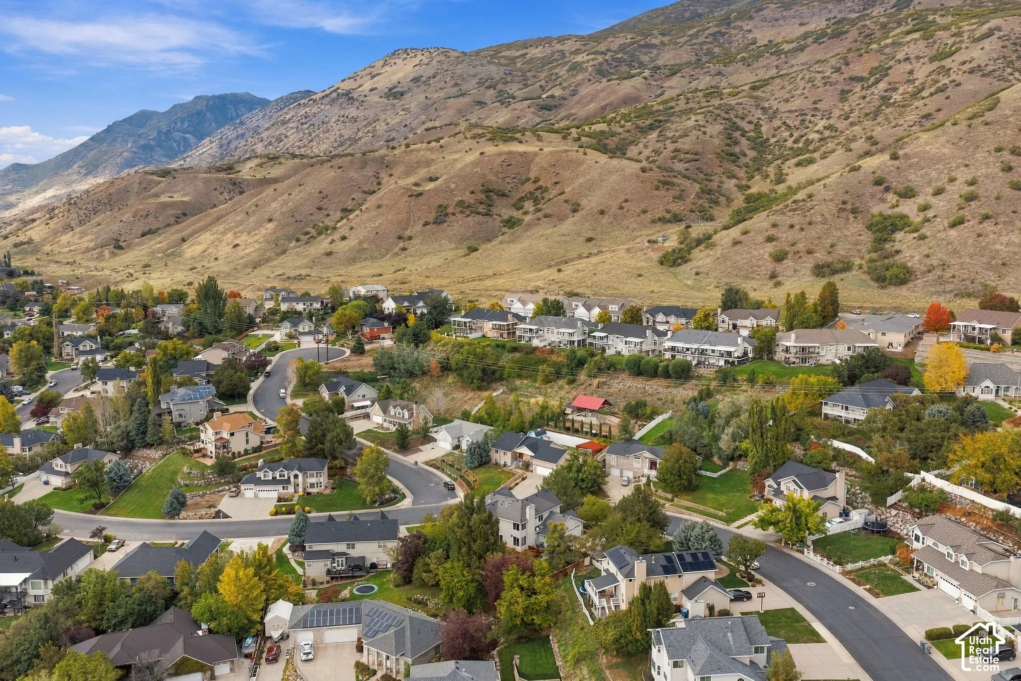 Aerial perspective of a residential neighborhood featuring mountain topography, mature trees, varied roof pitches, and established hardscaping
