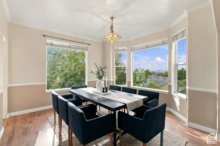 Bay window with large pane windows, wood-finish flooring, ceiling-mounted decorative light fixture, and chair rail molding