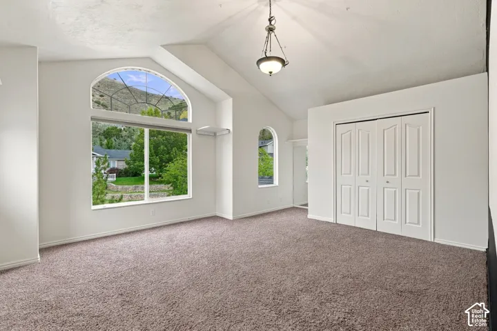 Vaulted ceiling featuring a central pendant light, arch-top windows, and bifold closet doors