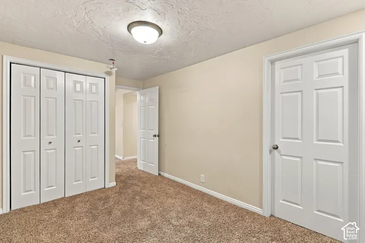 Room featuring wall-to-wall carpeting, textured ceiling, flush-mount lighting, bifold closet doors, and six-panel interior doors