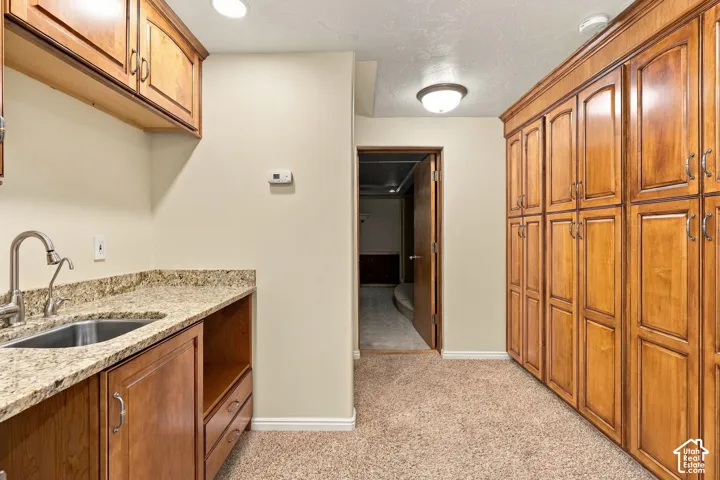 Custom built-in cabinetry featuring wood-finish paneling, stone-surface countertops, integrated stainless steel sink, gooseneck faucet, and flush-mount lighting fixtures