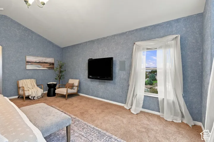 Vaulted ceiling, textured wall finish, and wall-mounted television display