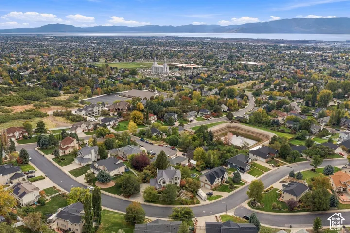Aerial perspective of a suburban neighborhood featuring mature landscaping, paved roads, and a mountain backdrop