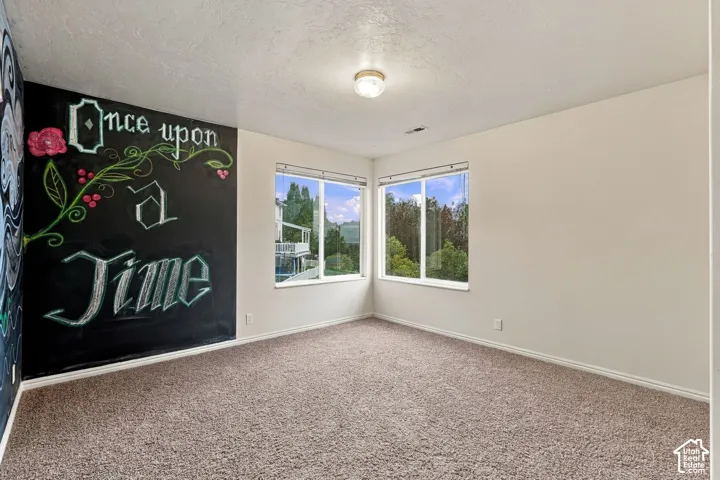 Room featuring neutral-toned carpeting, dual-aspect windows, and a dedicated chalkboard-painted wall