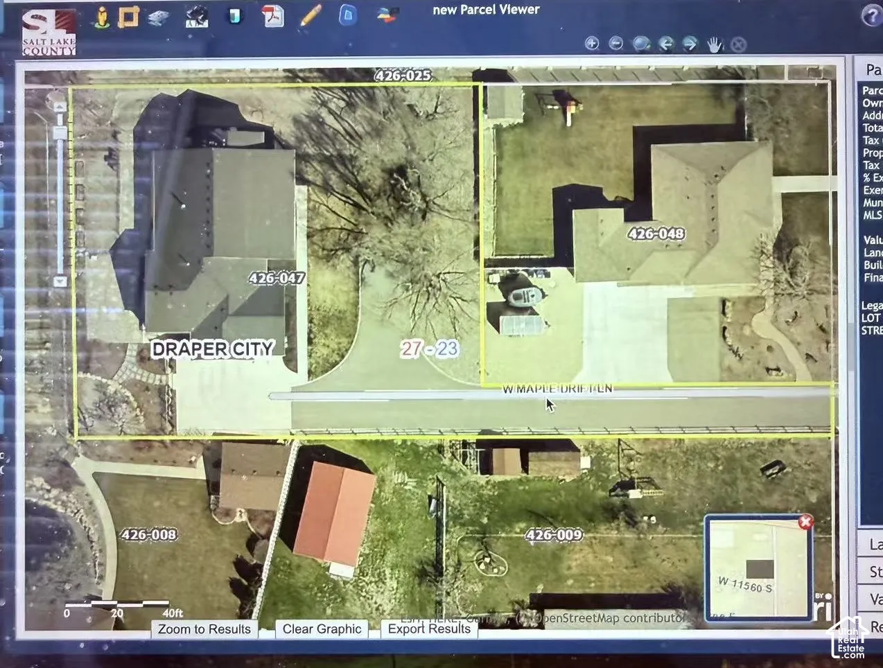 Parcel Viewer. Displaying an aerial view of a property and its surrounding parcels with identifying numbers and city demarcation