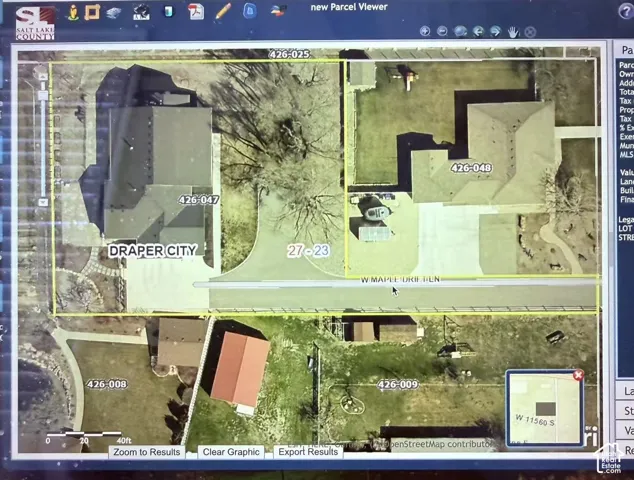 Parcel Viewer. Displaying an aerial view of a property and its surrounding parcels with identifying numbers and city demarcation