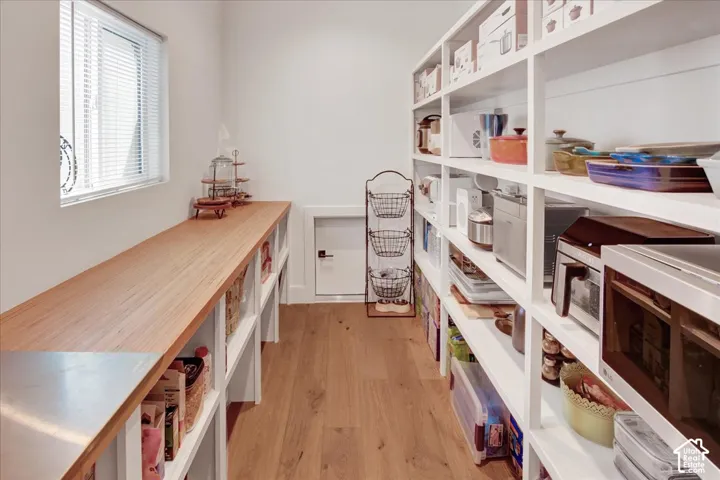 Pantry featuring extensive built-in shelving, wood-finish flooring, and a long wood-finish countertop