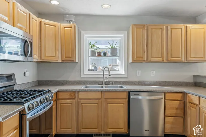 Kitchen featuring light-finish cabinetry, stainless steel appliances, double-basin sink with arched faucet, and solid-surface countertops