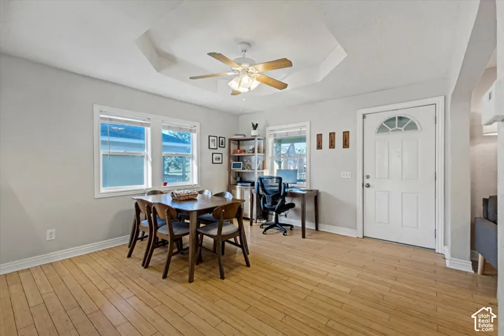 Interior space featuring wood-finish flooring, tray ceiling, central ceiling fan with integrated light fixture, multiple double-pane windows, and a panelled front door with a half-moon light