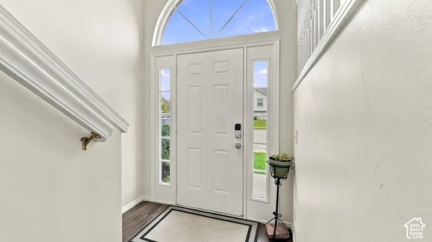 Entryway featuring a white panel door with sidelights, an arched transom window, wood-finish flooring, and a staircase with a white railing
